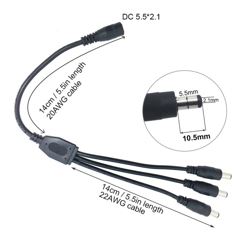 Litever Power Splitter, Black, 3 Way, 1 Female Jack to 3 Male Plugs, 5.5mm x 2.1mm, 1:3, Y Adaptor Copper Cable, for CCTV Camera & LED Strip Lighting Power Supply Connector - Image 2